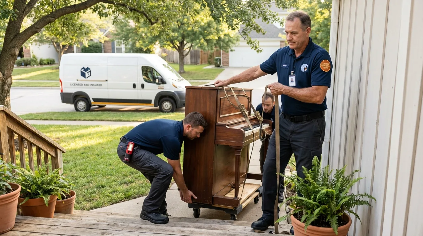Licensed piano movers securing grand piano in Danbury, NH