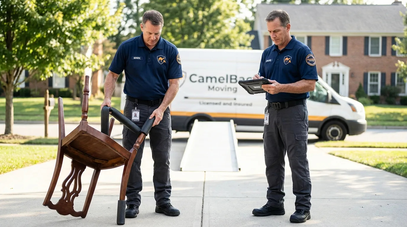 Movers inspecting furniture for damage prevention before loading in Danbury, NH