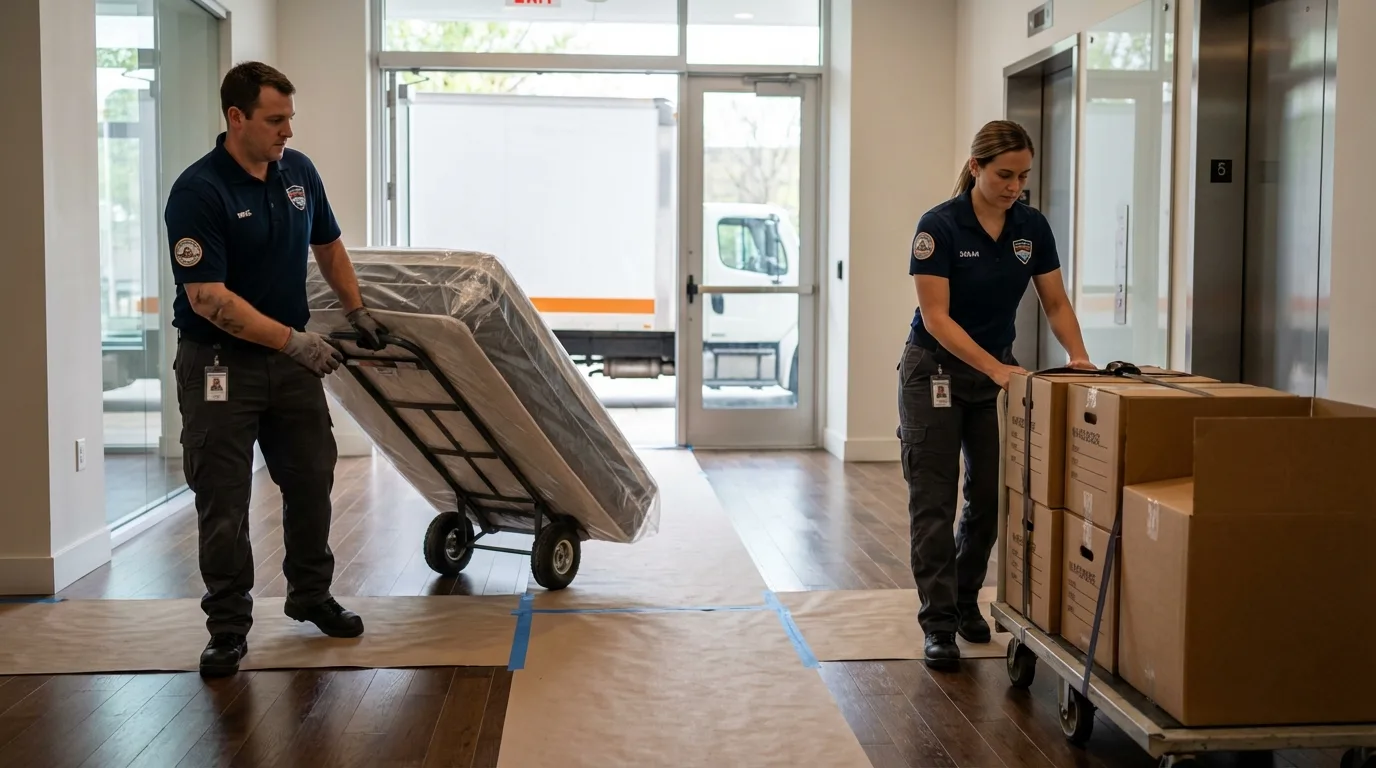 Professional apartment movers loading elevator in Danbury, NH