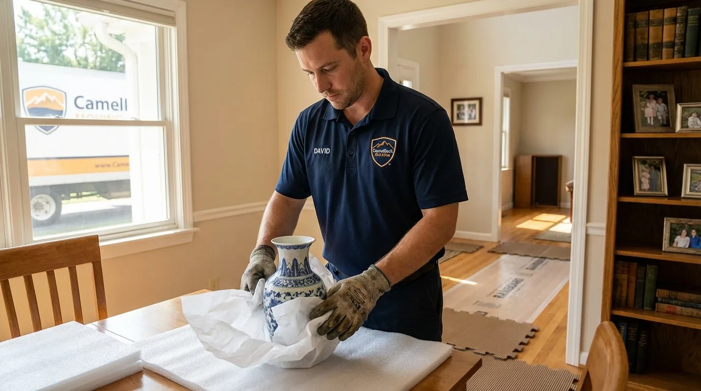 Professional crew carefully wrapping antique vase for senior downsizing move in Danbury, NH